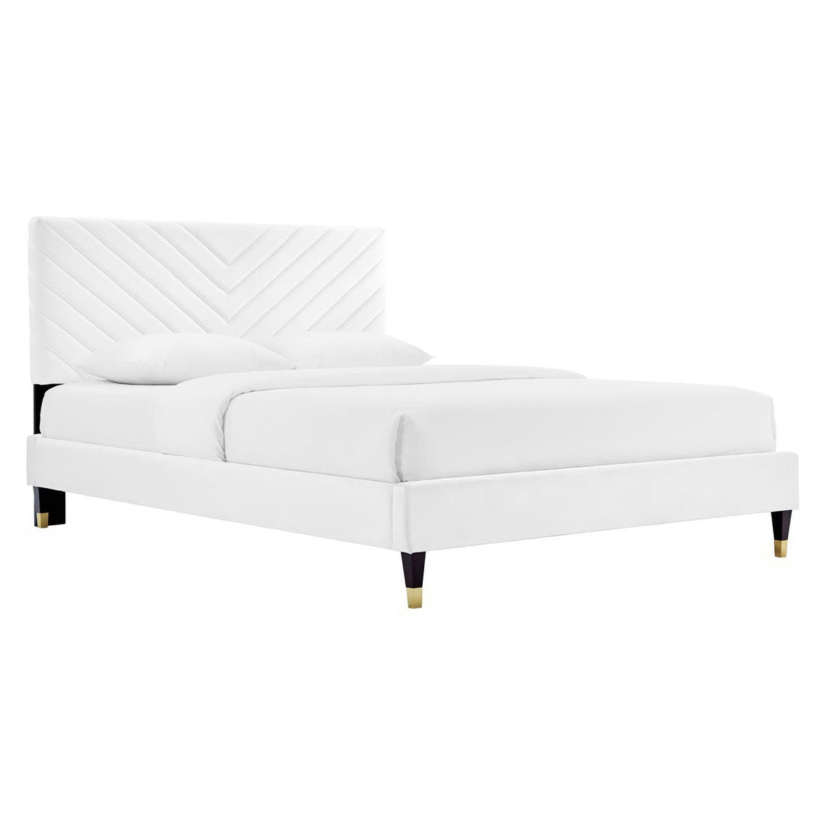 Roxanne velvet platform bed in white with diagonal headboard, white upholstered frame by Modway on Tampa Home & Garden Store