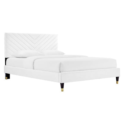 Roxanne velvet platform bed in white with diagonal headboard, white upholstered frame by Modway on Tampa Home & Garden Store