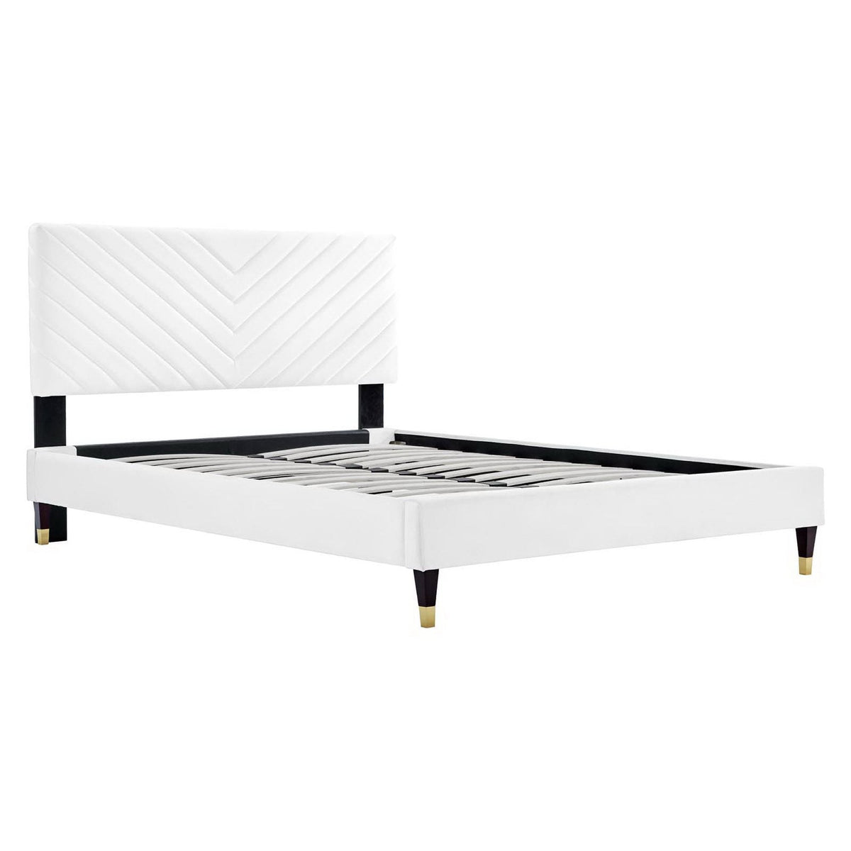 Roxanne Performance Velvet Platform Bed white velvet headboard chevron black legs gold caps on Tampa Home & Garden Store
