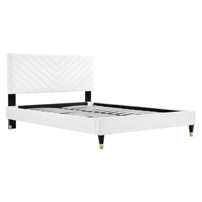 Roxanne Performance Velvet Platform Bed white velvet headboard chevron black legs gold caps on Tampa Home & Garden Store