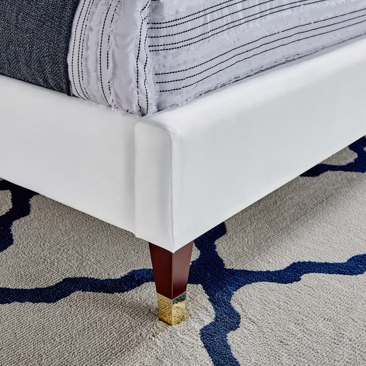 Roxanne Performance Velvet Platform Bed by Modway in white velvet with dark wooden legs on Tampa Home & Garden Store