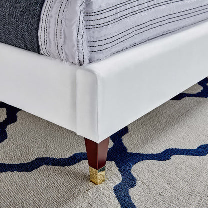 Roxanne Performance Velvet Platform Bed by Modway in white velvet with dark wooden legs on Tampa Home & Garden Store
