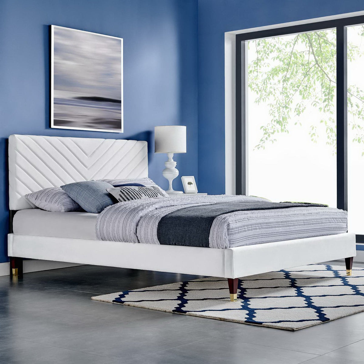 Roxanne Performance Velvet Platform Bed with white quilted headboard in blue bedroom by Modway on Tampa Home & Garden Store