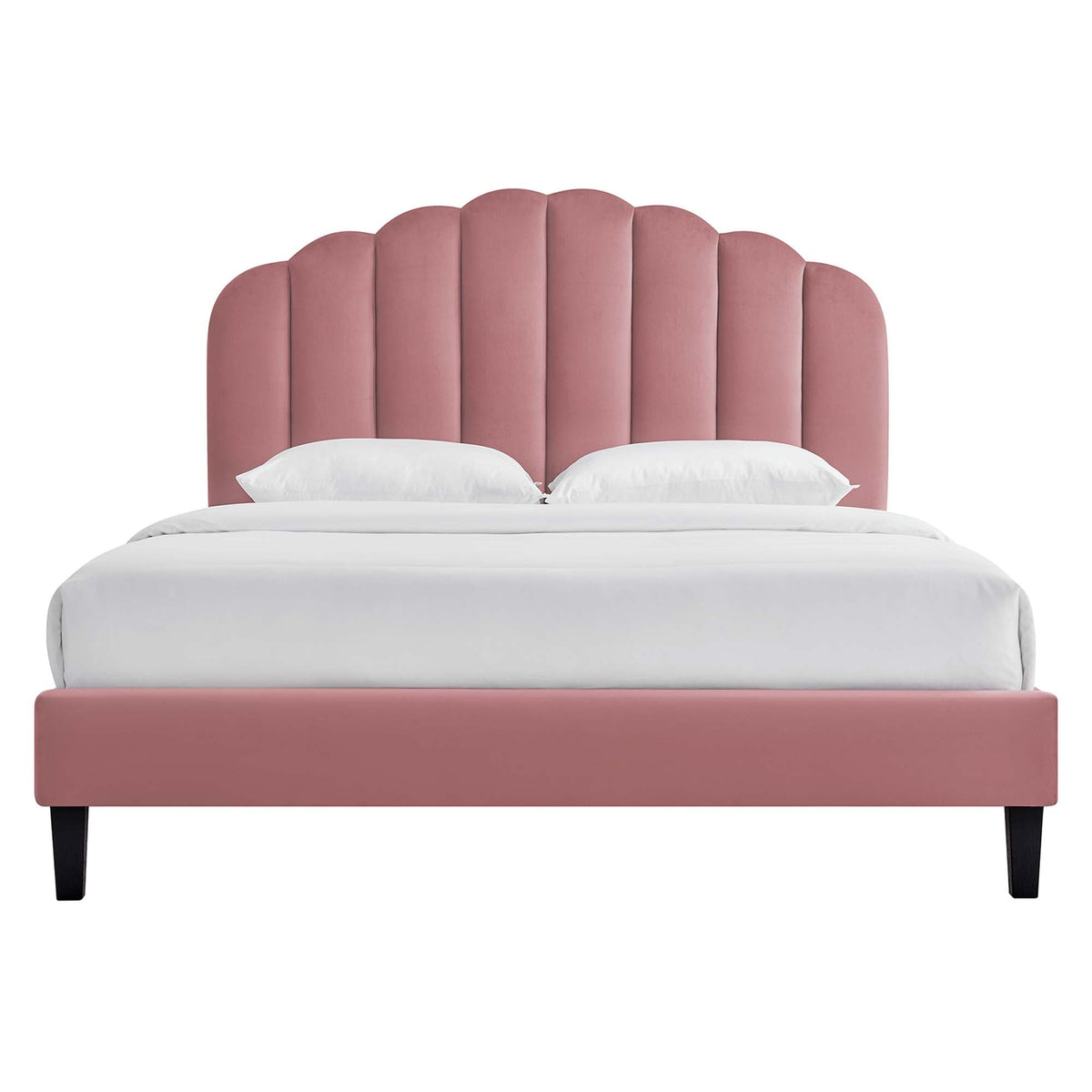 Daisy pink velvet scalloped headboard with vertical panels and black tapered legs on Tampa Home & Garden Store