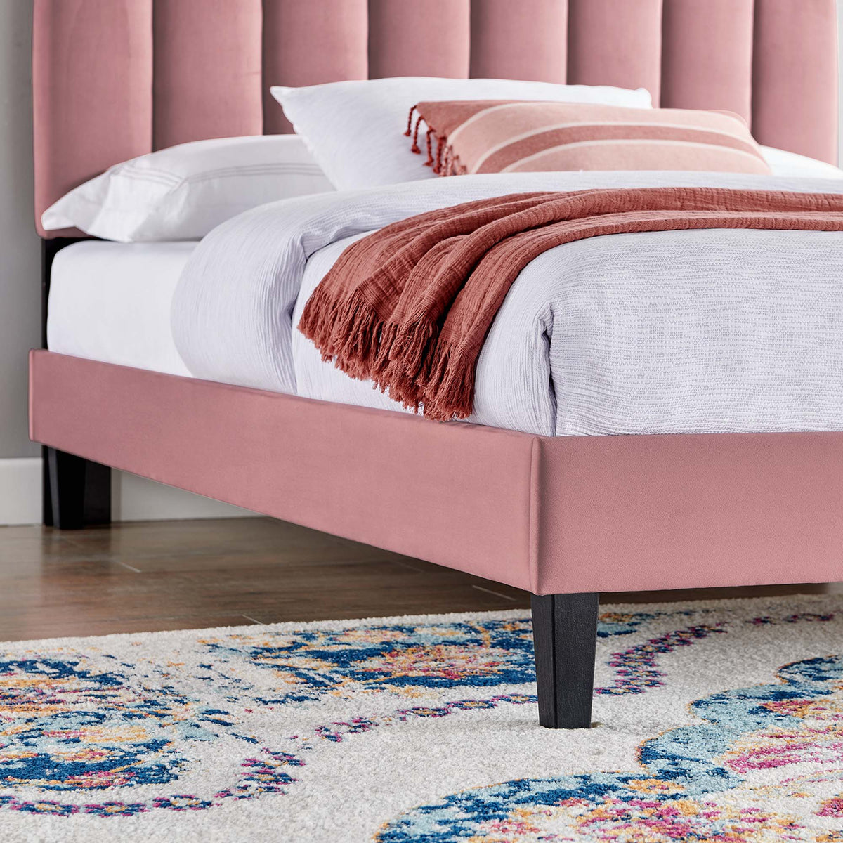 Daisy tapered wood-leg velvet queen platform bed in pink by Modway on Tampa Home & Garden Store