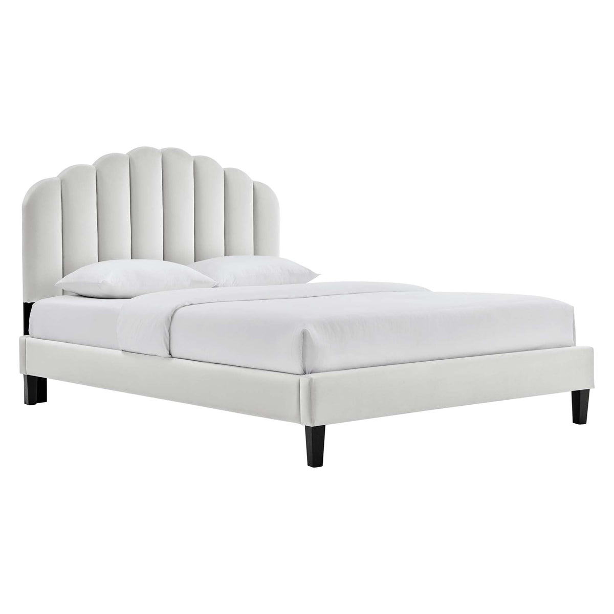 Daisy Tapered Wood Leg Queen Platform Bed with white velvet and black legs on Tampa Home & Garden Store