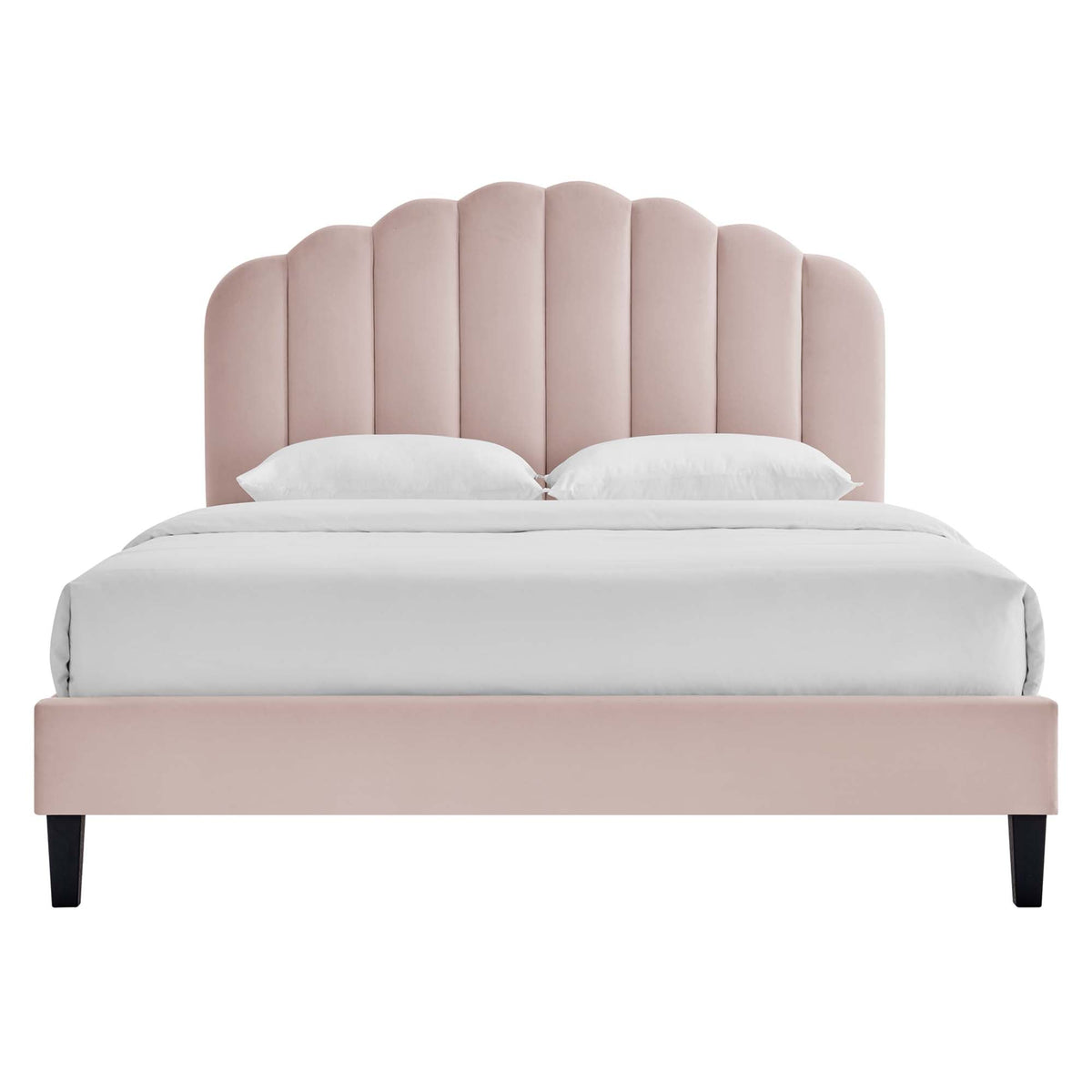 Daisy Tapered Wood Leg Velvet Queen Platform Bed with blush scalloped headboard and white bedding on Tampa Home & Garden Store