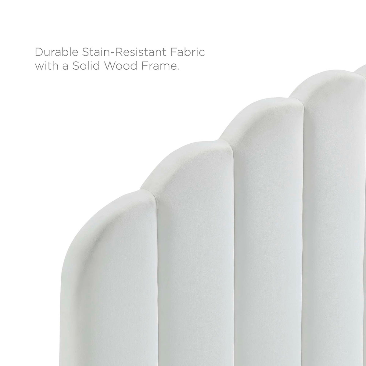 Daisy Tapered Wood Leg Performance Velvet Queen Platform Bed white upholstered close-up on Tampa Home & Garden Store