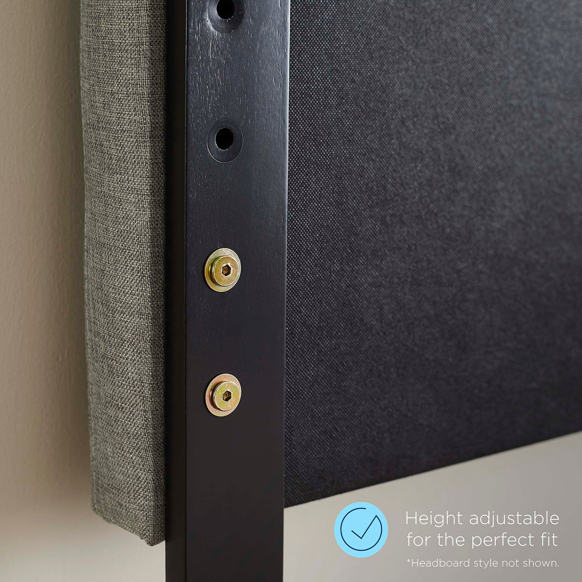 Daisy Tapered Wood Leg Platform Bed queen in black frame with beige upholstery on Tampa Home & Garden Store