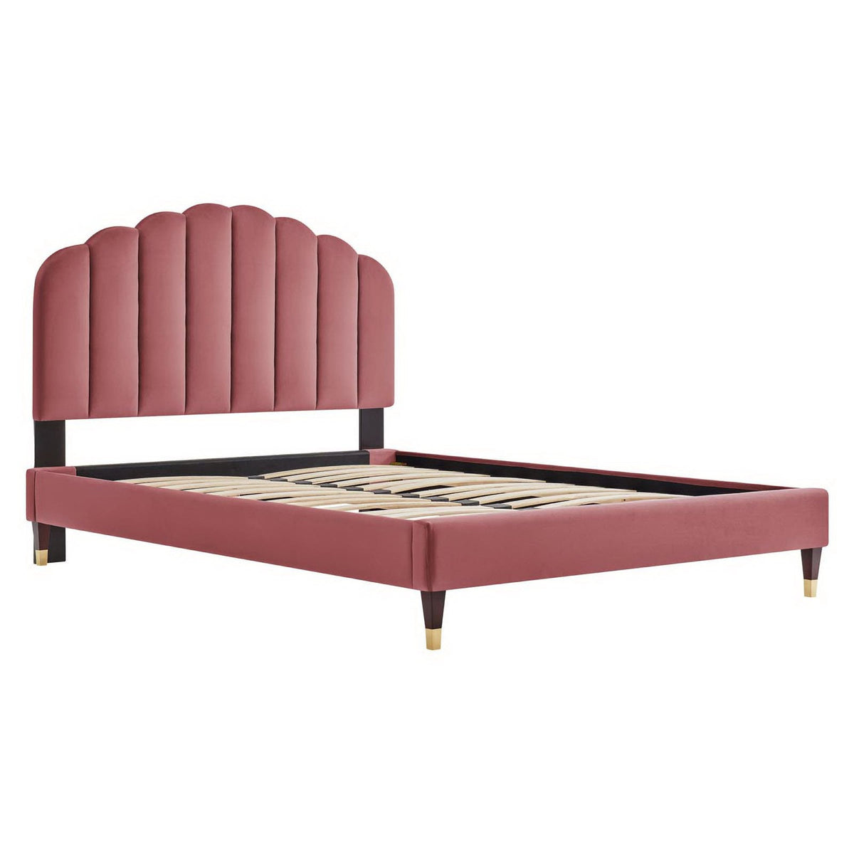 Daisy Performance Velvet Platform Bed in pink with scalloped headboard and black legs on Tampa Home & Garden Store