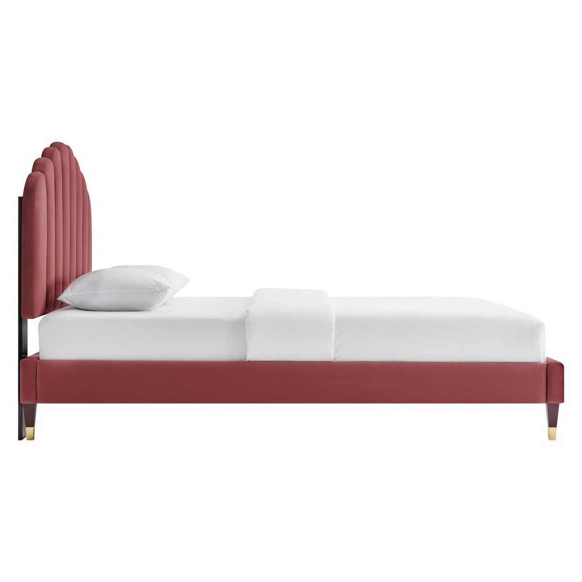 Daisy Performance Velvet Platform Bed red upholstered headboard with channels and white bedding on Tampa Home & Garden Store