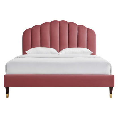 Daisy Performance Velvet Platform Bed pink scalloped velvet headboard with gold-tipped legs on Tampa Home & Garden Store