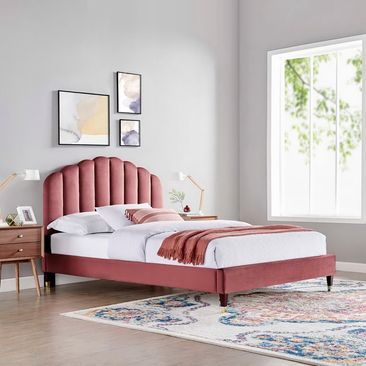Daisy Performance Velvet Platform Bed by Modway in pink velvet with a tall tufted headboard on Tampa Home & Garden Store