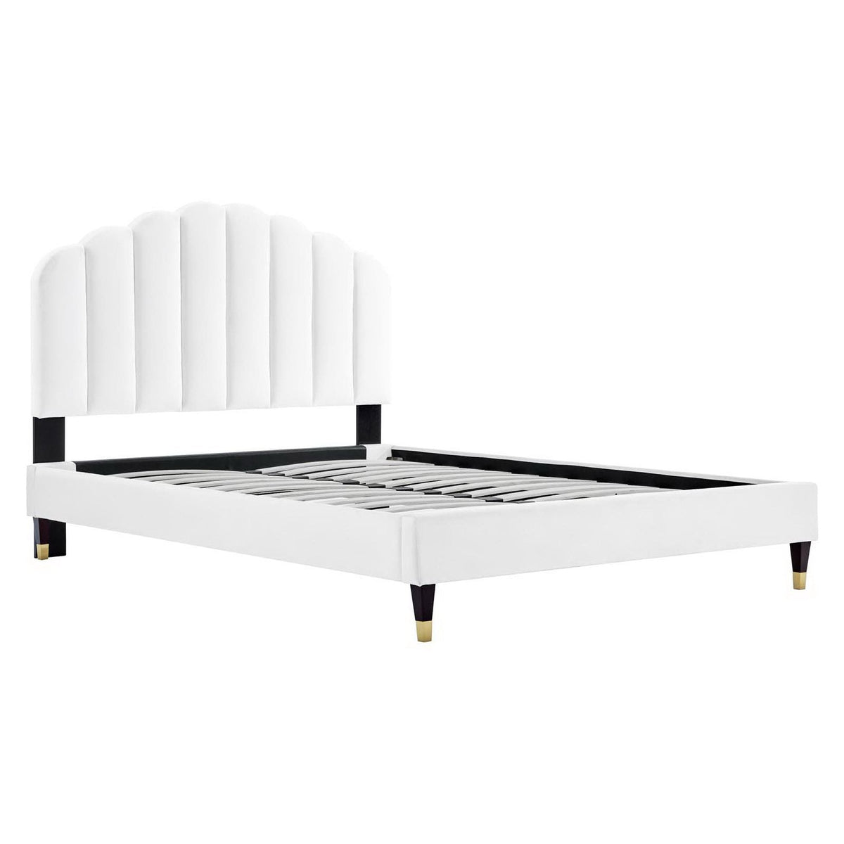 Daisy Performance Velvet Platform Bed white upholstered headboard with black legs on Tampa Home & Garden Store