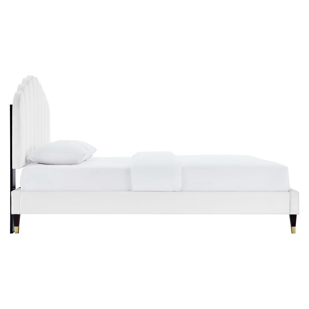 Daisy Velvet Platform Bed by Modway, white velvet bed with tall ribbed headboard on Tampa Home & Garden Store