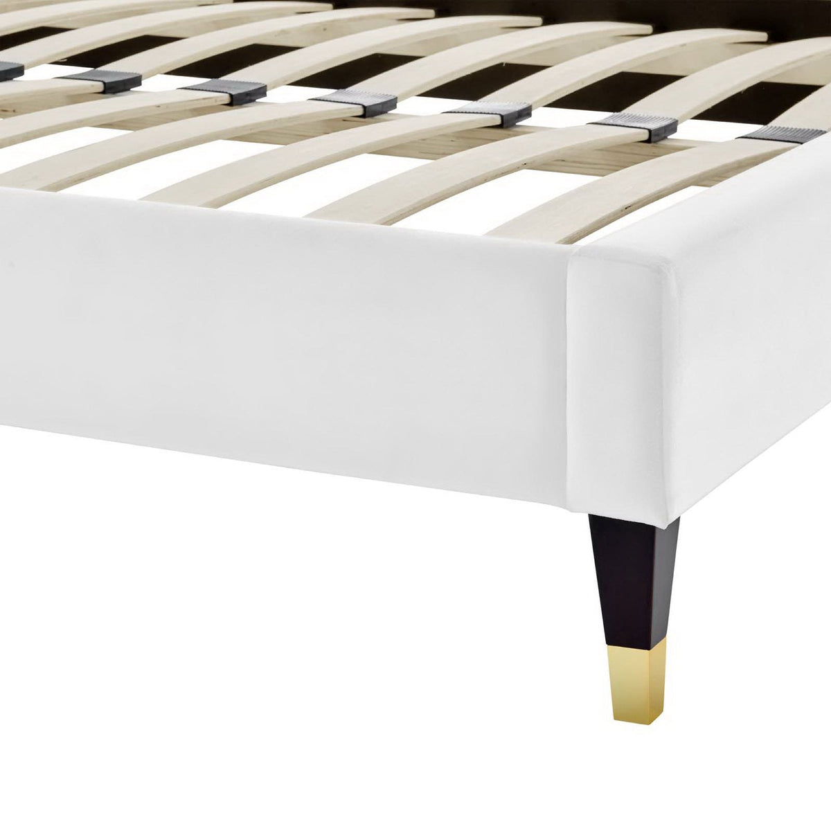 Daisy Performance Velvet Platform Bed white bed frame with bed skirt and slatted foundation on Tampa Home & Garden Store