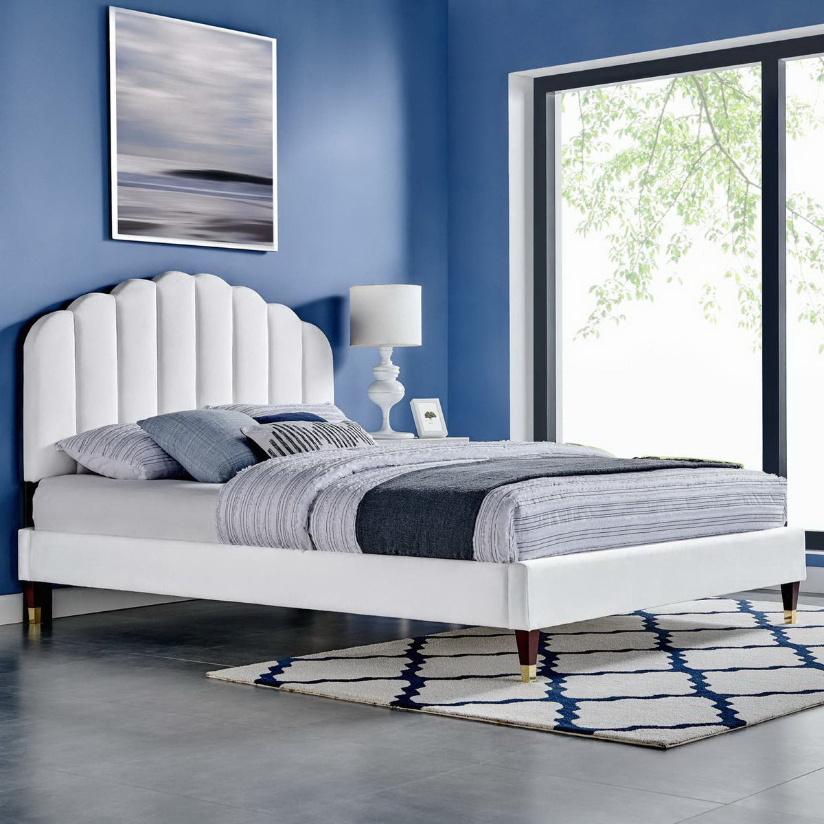 Daisy Performance Velvet Platform Bed by Modway, white velvet with scalloped headboard on Tampa Home & Garden Store