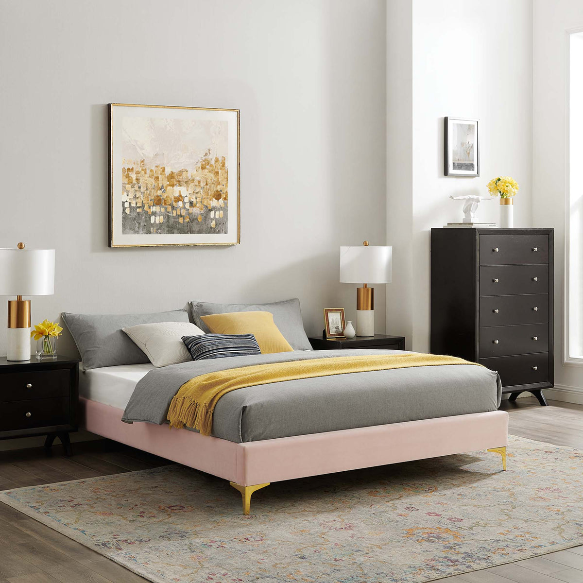 Sutton Velvet Bed Frame by Modway in gray velvet with pink base and gold legs in modern bedroom on Tampa Home & Garden Store