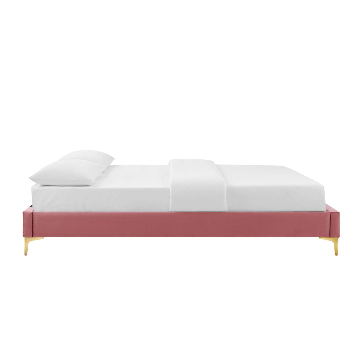 Sutton Performance Velvet Bed Frame by Modway in pink velvet with white bedding and gold legs on Tampa Home & Garden Store