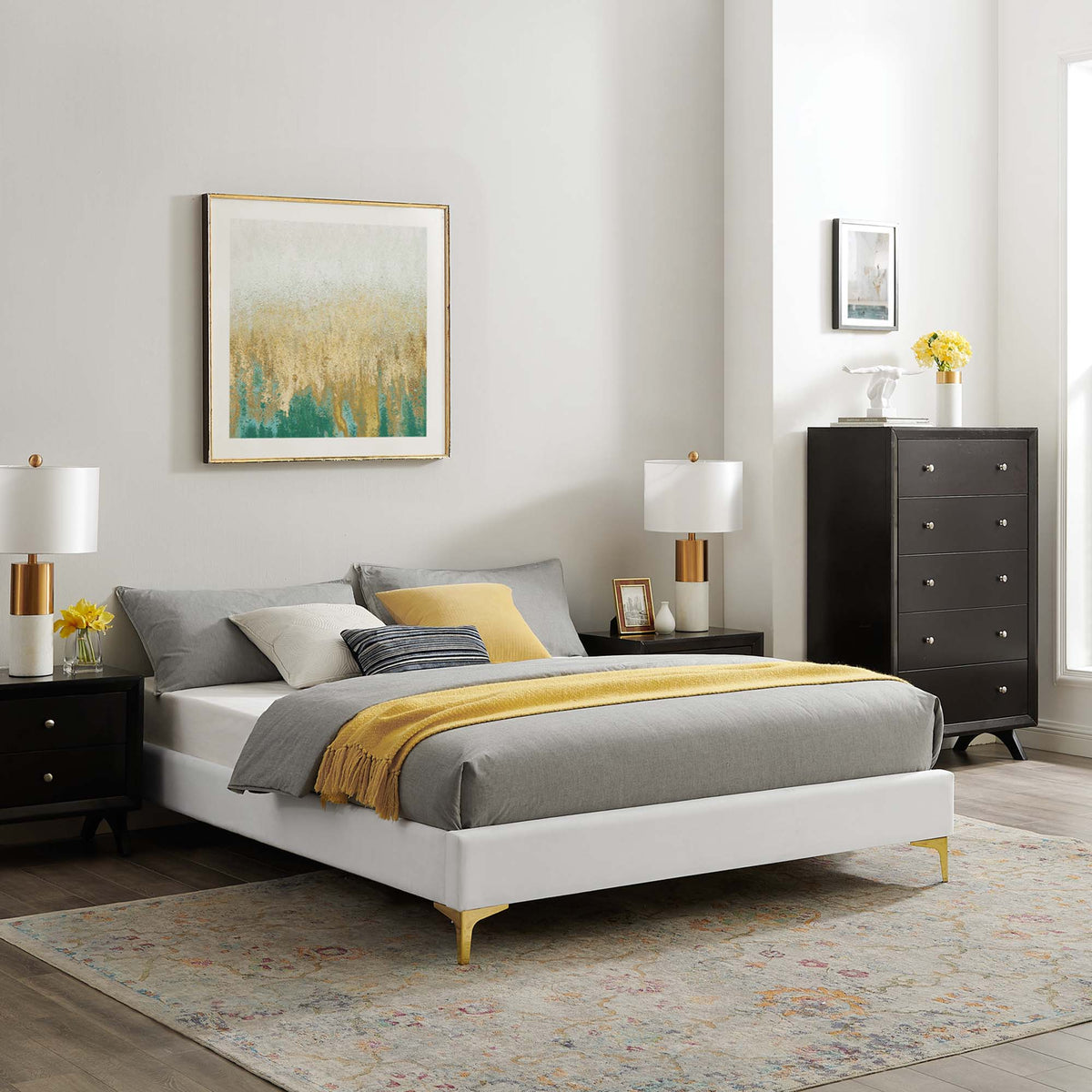 Sutton Performance Velvet Bed Frame by Modway, gray velvet upholstery with gold legs on Tampa Home & Garden Store