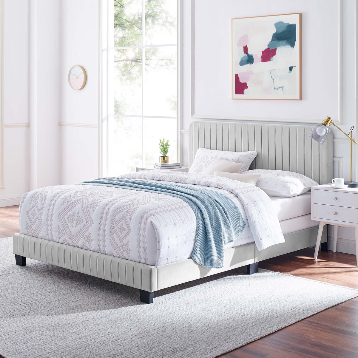 Celine Channel Tufted Performance Velvet Full Bed by Modway with bed skirt in light gray on Tampa Home & Garden Store