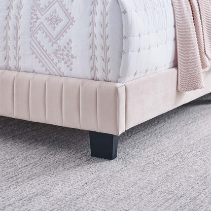 Celine Channel Tufted Performance Velvet Full Bed with pale pink upholstery and bed skirt, channel-tufted sides on Tampa Home & Garden Store