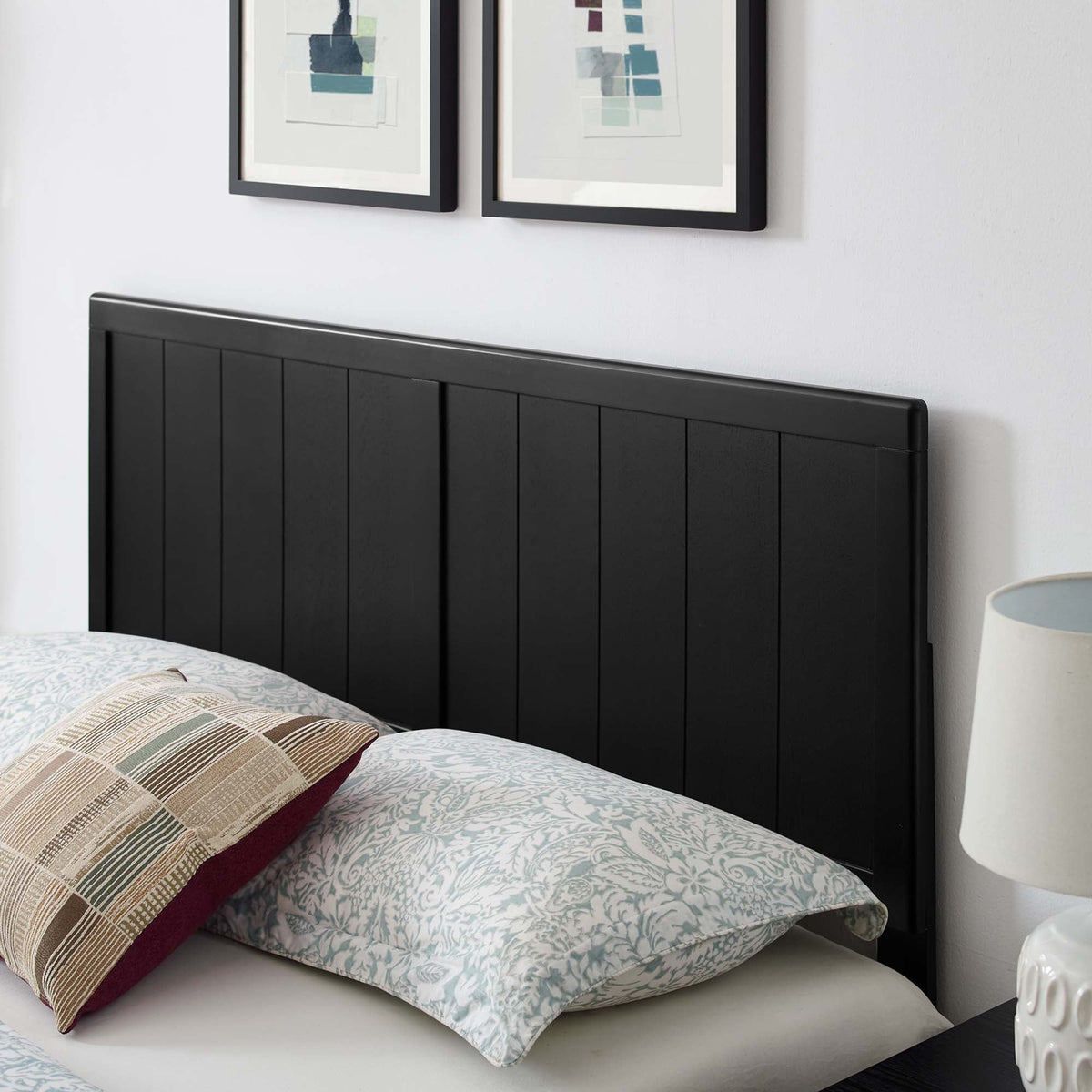 Alana Wood Platform Bed by Modway in black wood with paneled headboard, art on white wall on Tampa Home & Garden Store