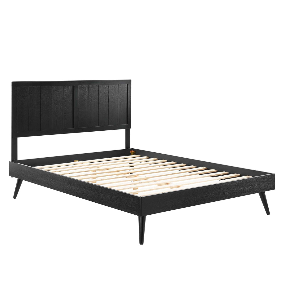 Alana wood platform bed with black finish, paneled headboard, splayed legs, slatted base on Tampa Home & Garden Store