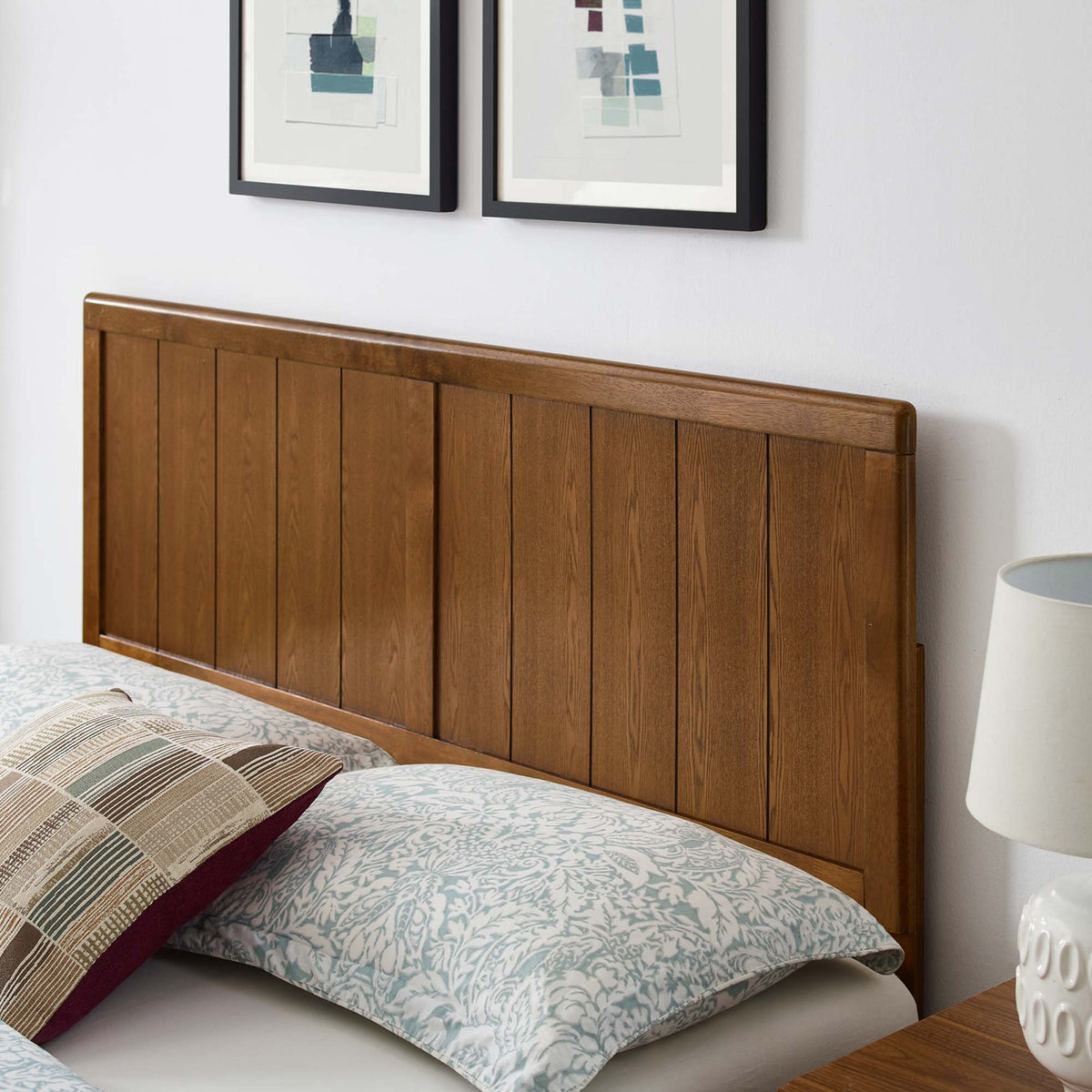 Alana Wood Platform Bed with Splayed Legs by Modway, brown wood headboard with vertical slats on Tampa Home & Garden Store