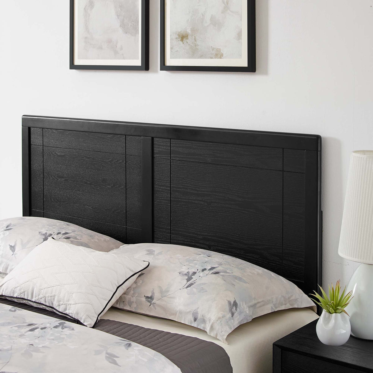 Marlee Wood Platform Bed with Splayed Legs by Modway in black finish paneled headboard and floral bedding on Tampa Home & Garden Store