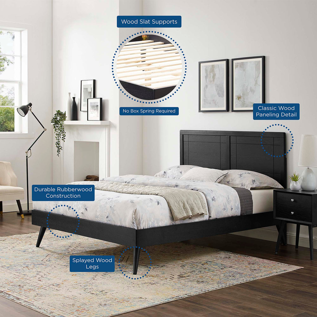 Marlee Wood Platform Bed with Splayed Legs by Modway in dark rubberwood; two beds in a bedroom on Tampa Home & Garden Store
