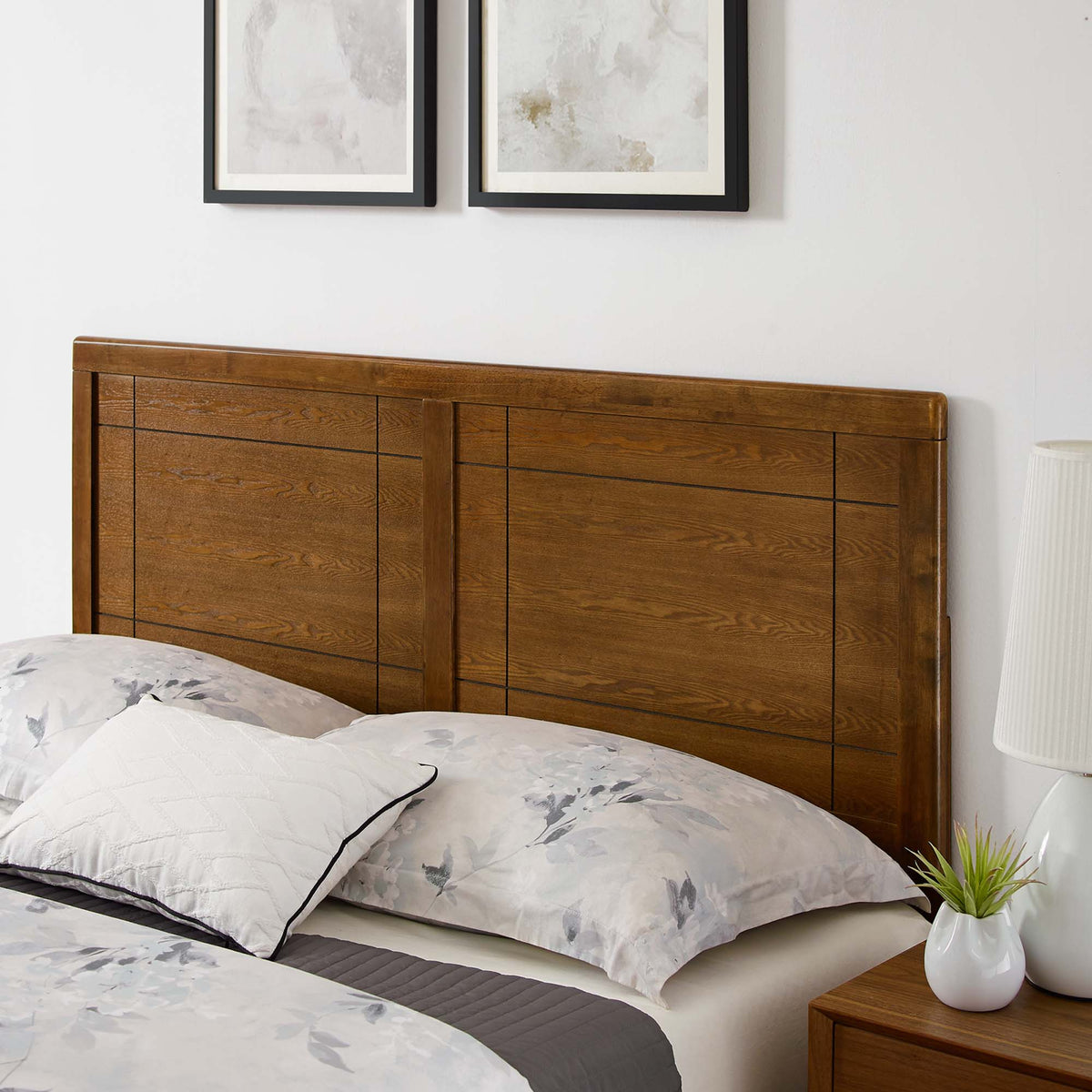 Marlee wood platform bed with splayed legs, warm brown paneled headboard on Tampa Home & Garden Store