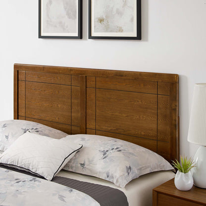 Marlee wood platform bed with splayed legs, warm brown paneled headboard on Tampa Home & Garden Store