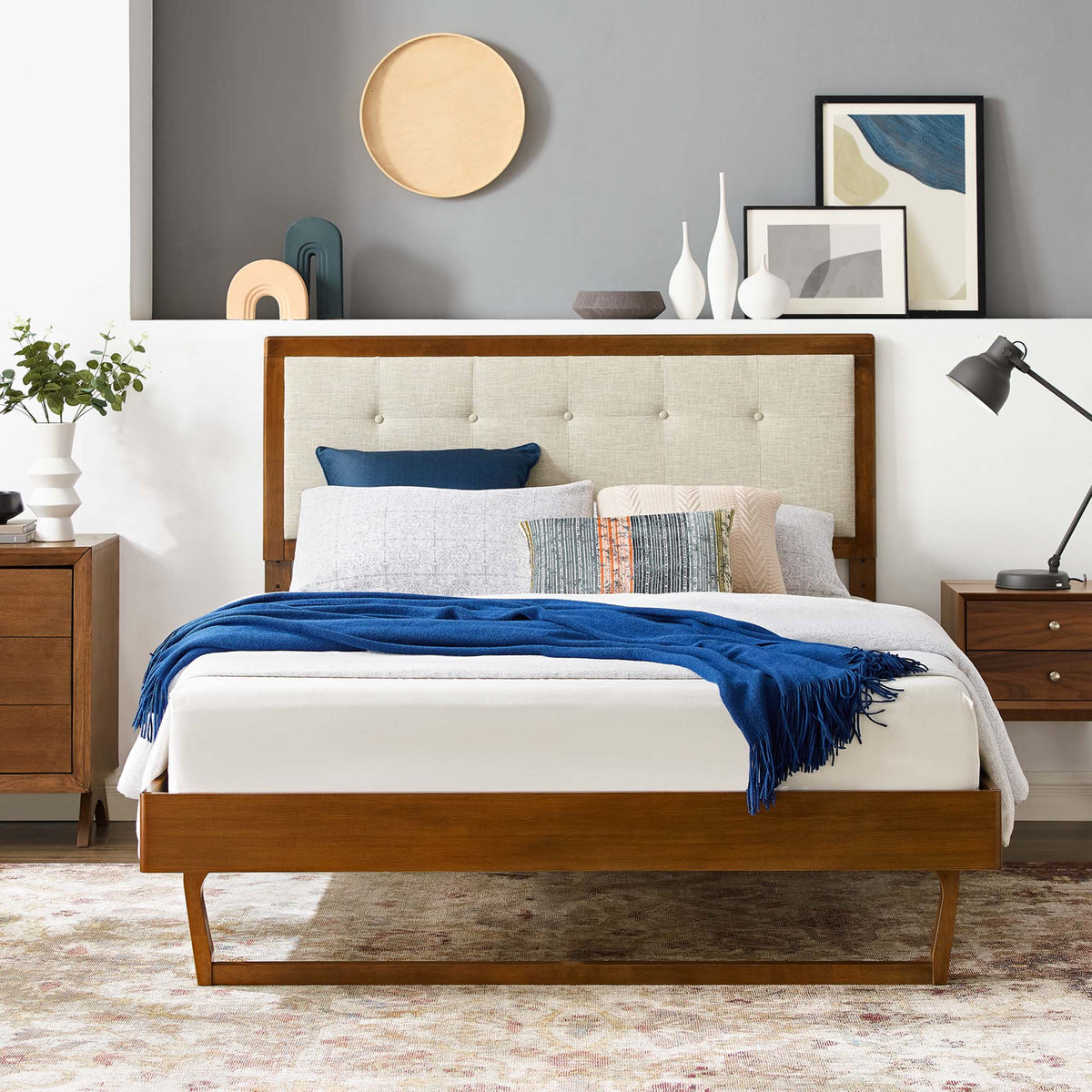 Willow Wood Queen Platform Bed with Angular Frame; wood frame, beige headboard, blue throw on Tampa Home & Garden Store
