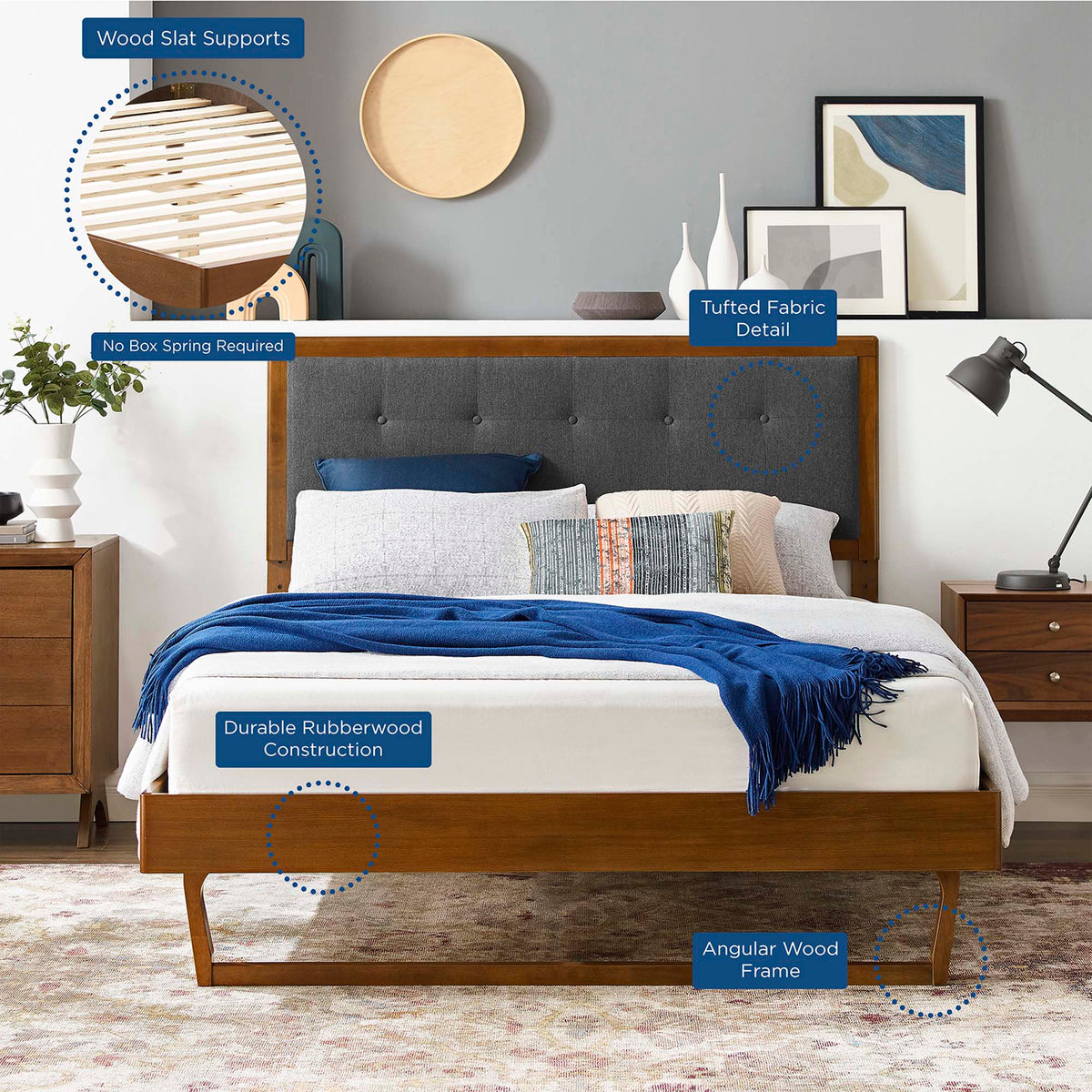 Willow Wood Queen Platform Bed with angular wood frame and rubberwood construction on Tampa Home & Garden Store