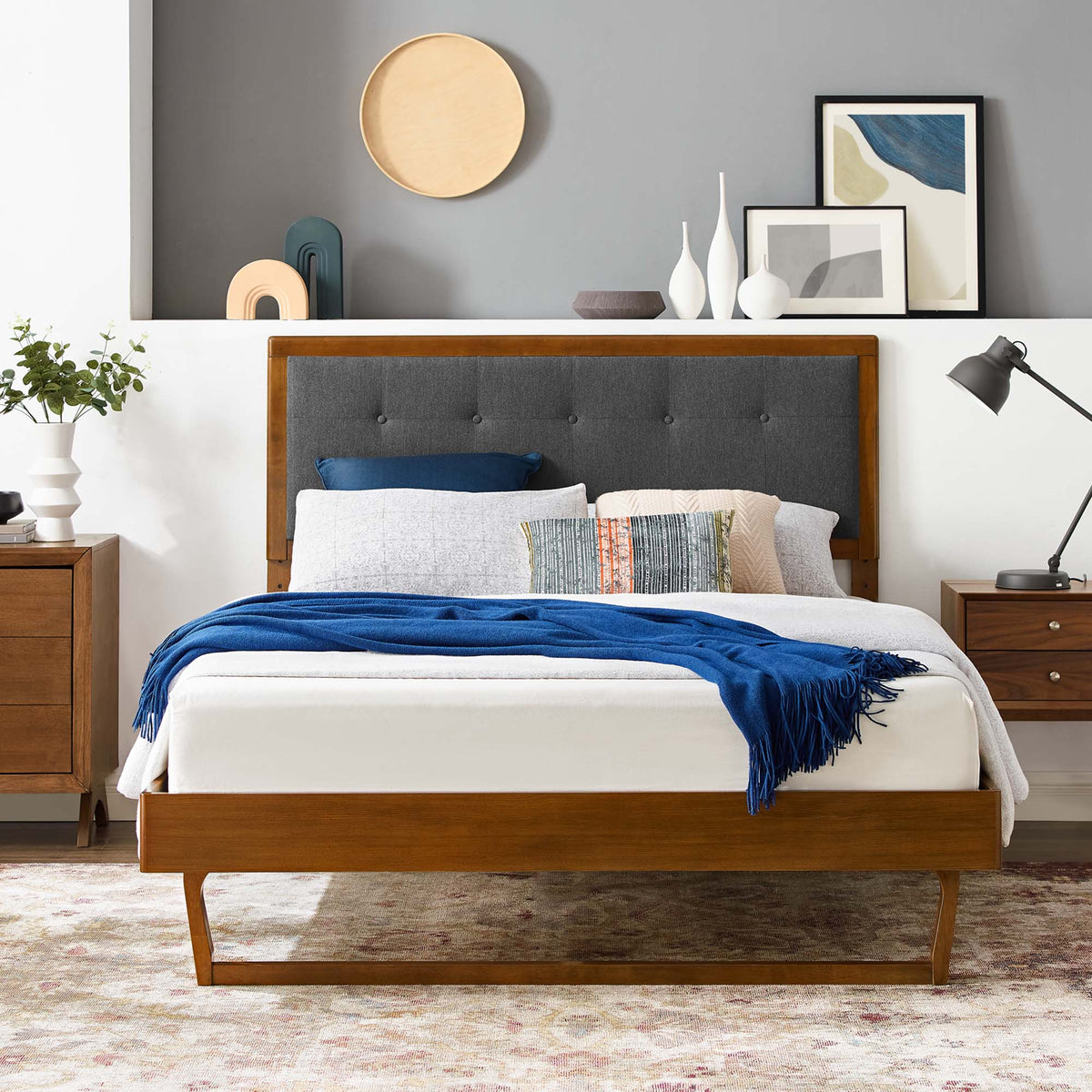 Willow Wood Queen Platform Bed With Angular Frame wood bed with gray upholstered headboard on Tampa Home & Garden Store