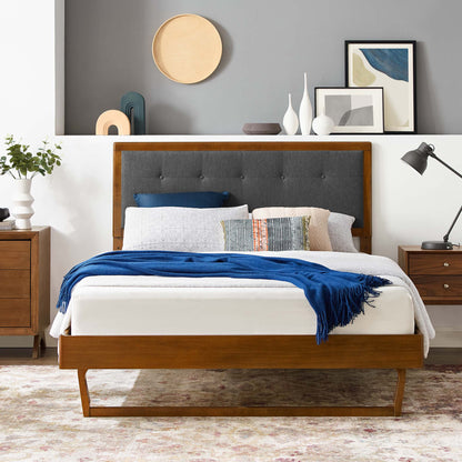 Willow Wood Queen Platform Bed With Angular Frame wood bed with gray upholstered headboard on Tampa Home & Garden Store