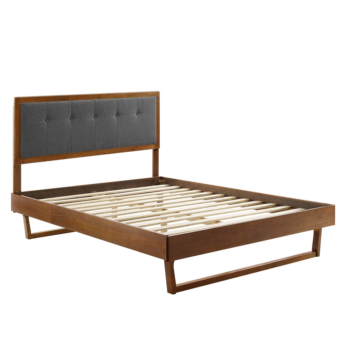 Willow Wood queen platform bed with angular wood frame and gray tufted headboard on Tampa Home & Garden Store