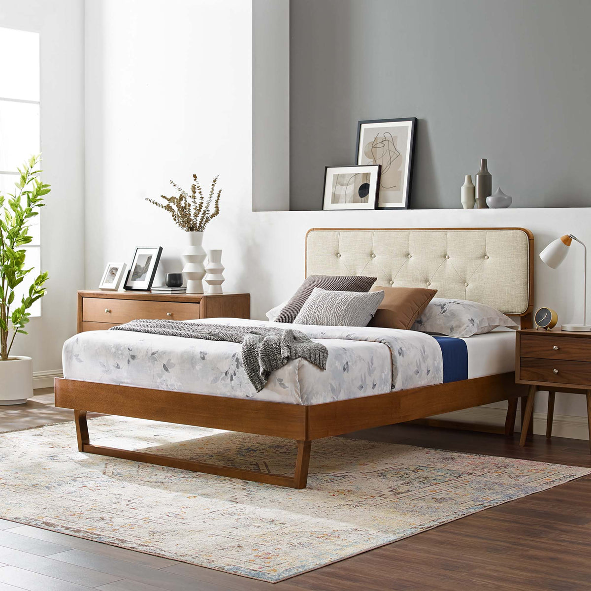 Bridgette Wood Queen Platform Bed with Angular Frame by Modway, beige upholstered headboard on Tampa Home & Garden Store