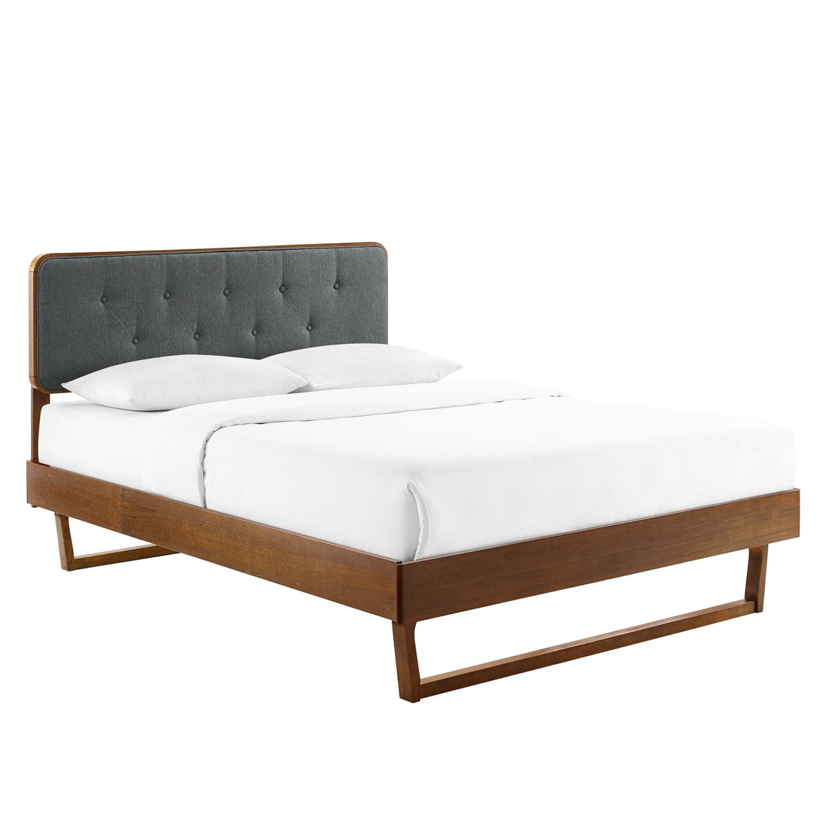 Bridgette Wood Queen Platform Bed with Angular Frame grey tufted headboard on Tampa Home & Garden Store