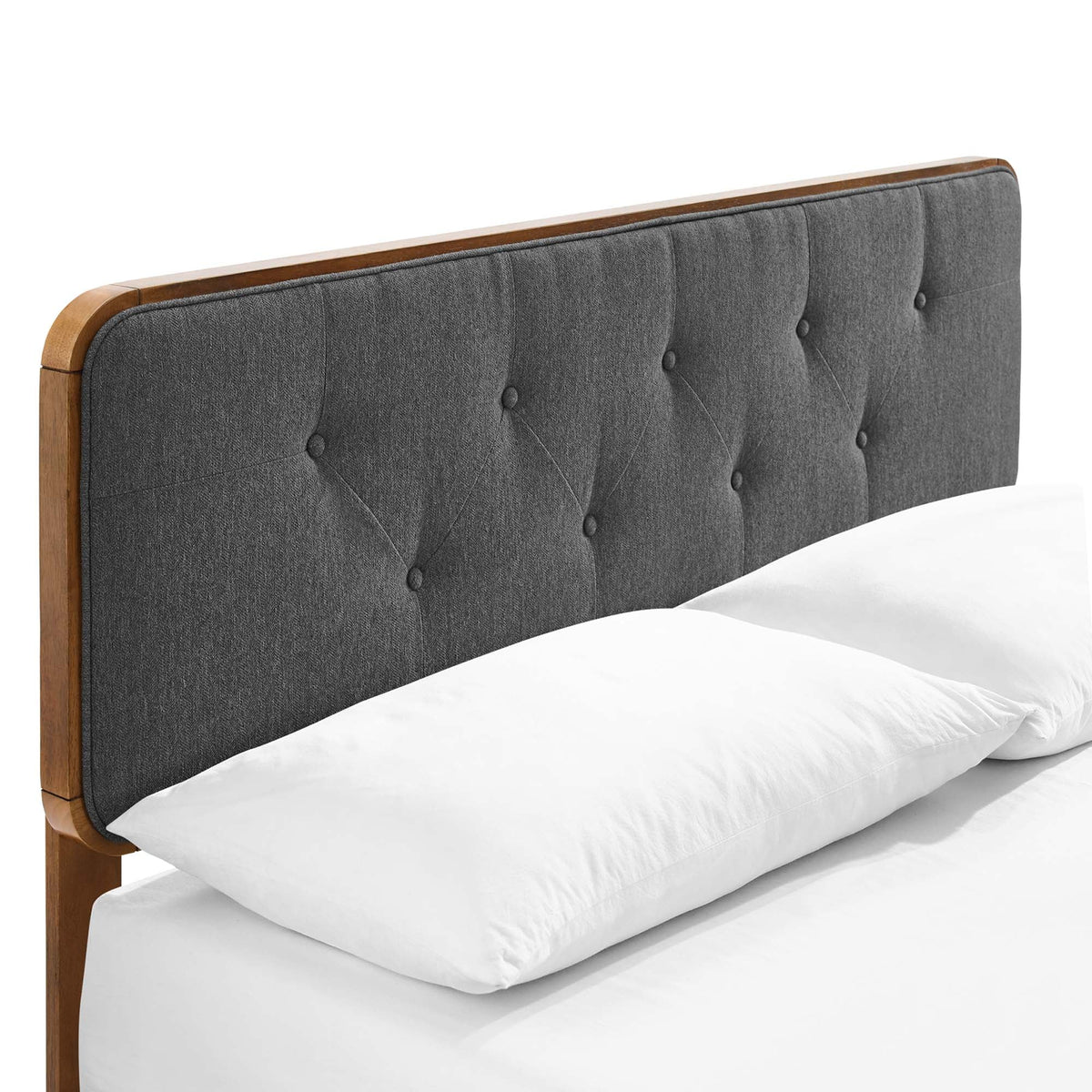 Bridgette Wood Queen Platform Bed with Angular Frame gray fabric headboard and wood rails on Tampa Home & Garden Store