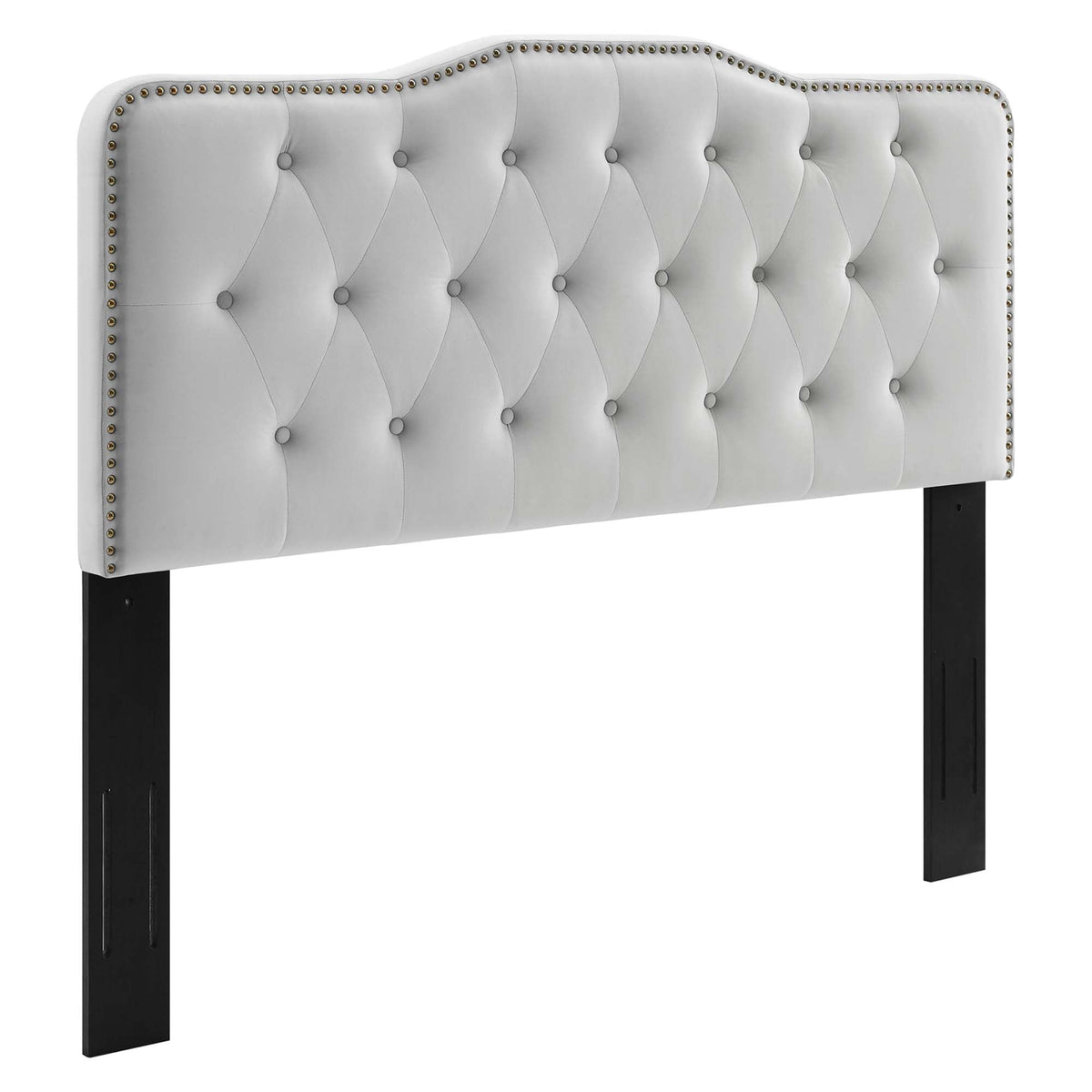 Sophia tufted velvet headboard in light gray with nailhead trim and black legs HouseOfZazla on Tampa Home & Garden Store