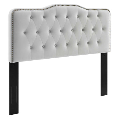 Sophia tufted velvet headboard in light gray with nailhead trim and black legs HouseOfZazla on Tampa Home & Garden Store
