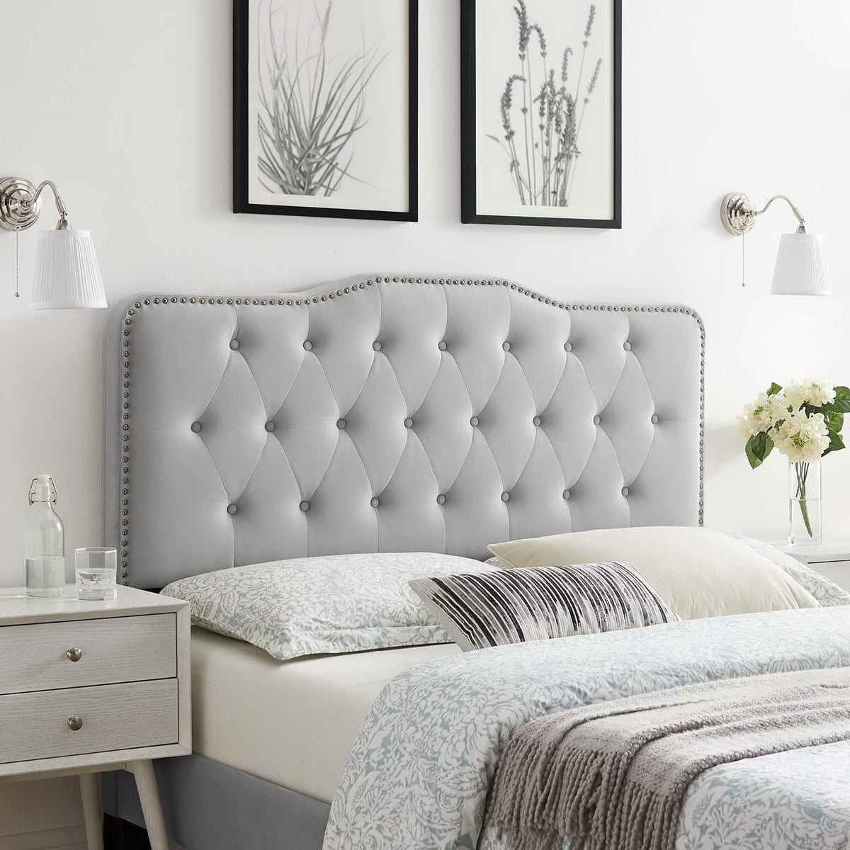 Sophia tufted performance velvet headboard by Modway in light gray with nailhead trim on Tampa Home & Garden Store