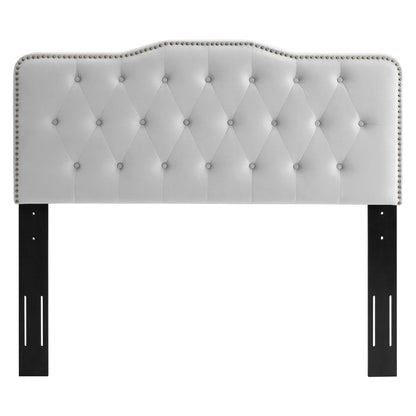 Sophia tufted velvet headboard in light gray with diamond tufting and nailhead trim on Tampa Home & Garden Store