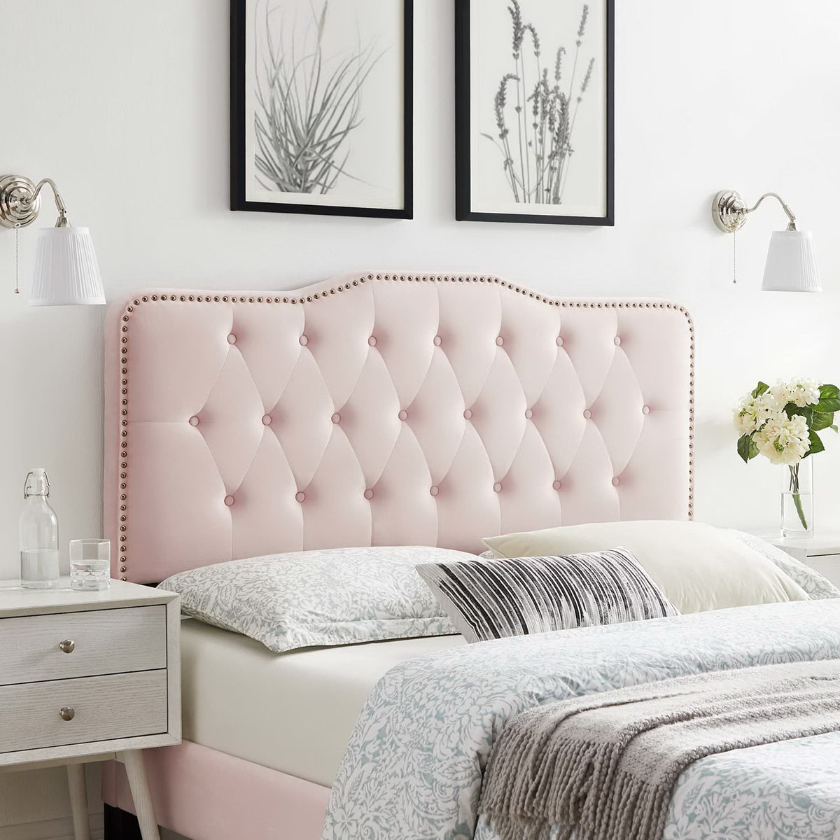 Sophia Tufted Performance Velvet Headboard in pink with nailhead trim, chic bedroom focal point on Tampa Home & Garden Store