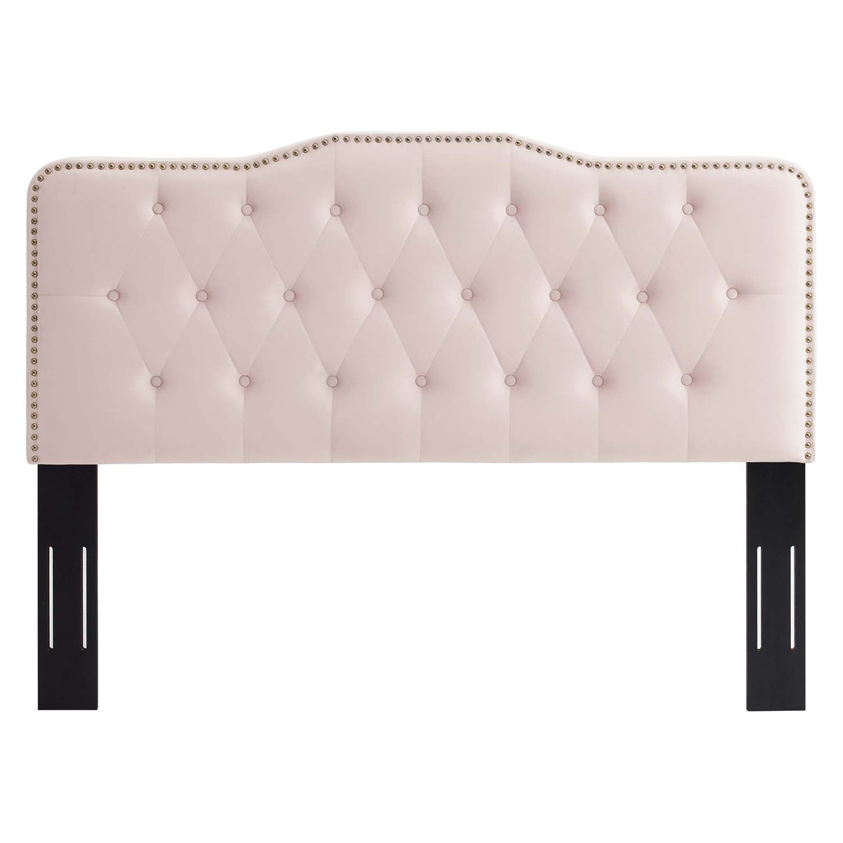 Sophia tufted velvet headboard blush pink with diamond tufting and nailhead trim on legs on Tampa Home & Garden Store