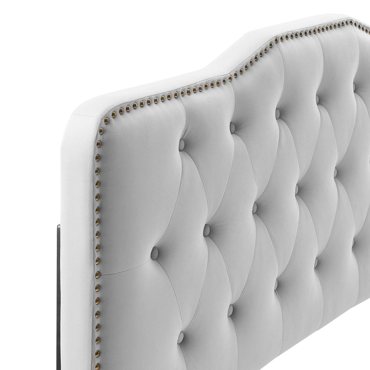 Sophia Tufted Performance Velvet Headboard in light gray velvet with brass nailhead trim on Tampa Home & Garden Store