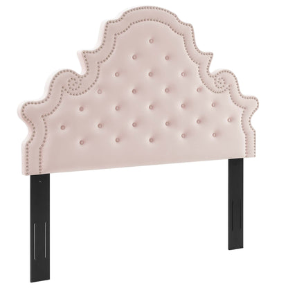 Gwyneth Tufted Velvet Queen Platform Bed by Modway with blush pink upholstery and nailhead trim on Tampa Home & Garden Store