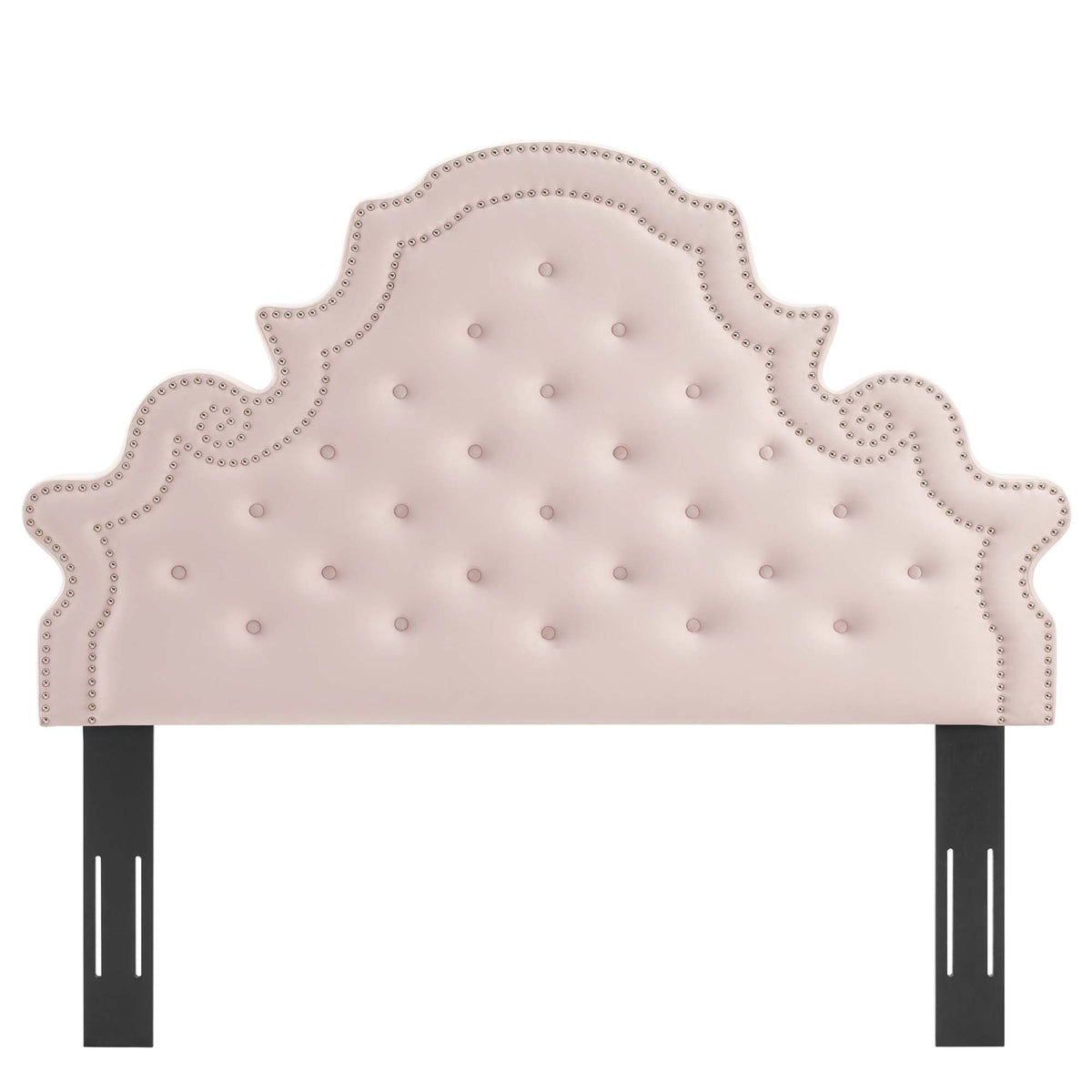 Gwyneth tufted velvet headboard blush pink with nailhead trim cloud silhouette black legs on Tampa Home & Garden Store
